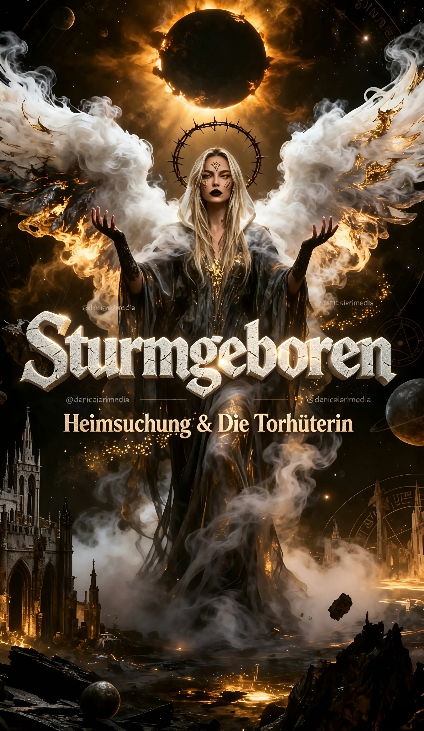 Sturmgeboren eBook - Dark Mystery Roman, Frau im schwarzen Mantel vor offenen Eisentoren bei Gewitter