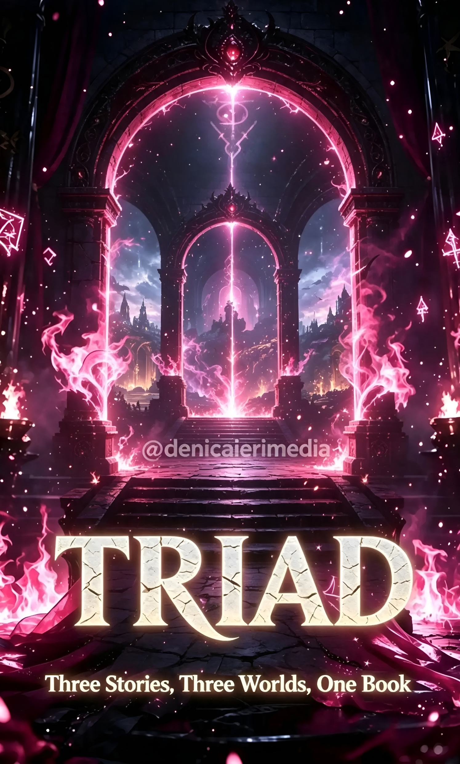 TRIAD eBook - Dark Fantasy novel, a woman surrounded by mystical wolves and glowing red lightning