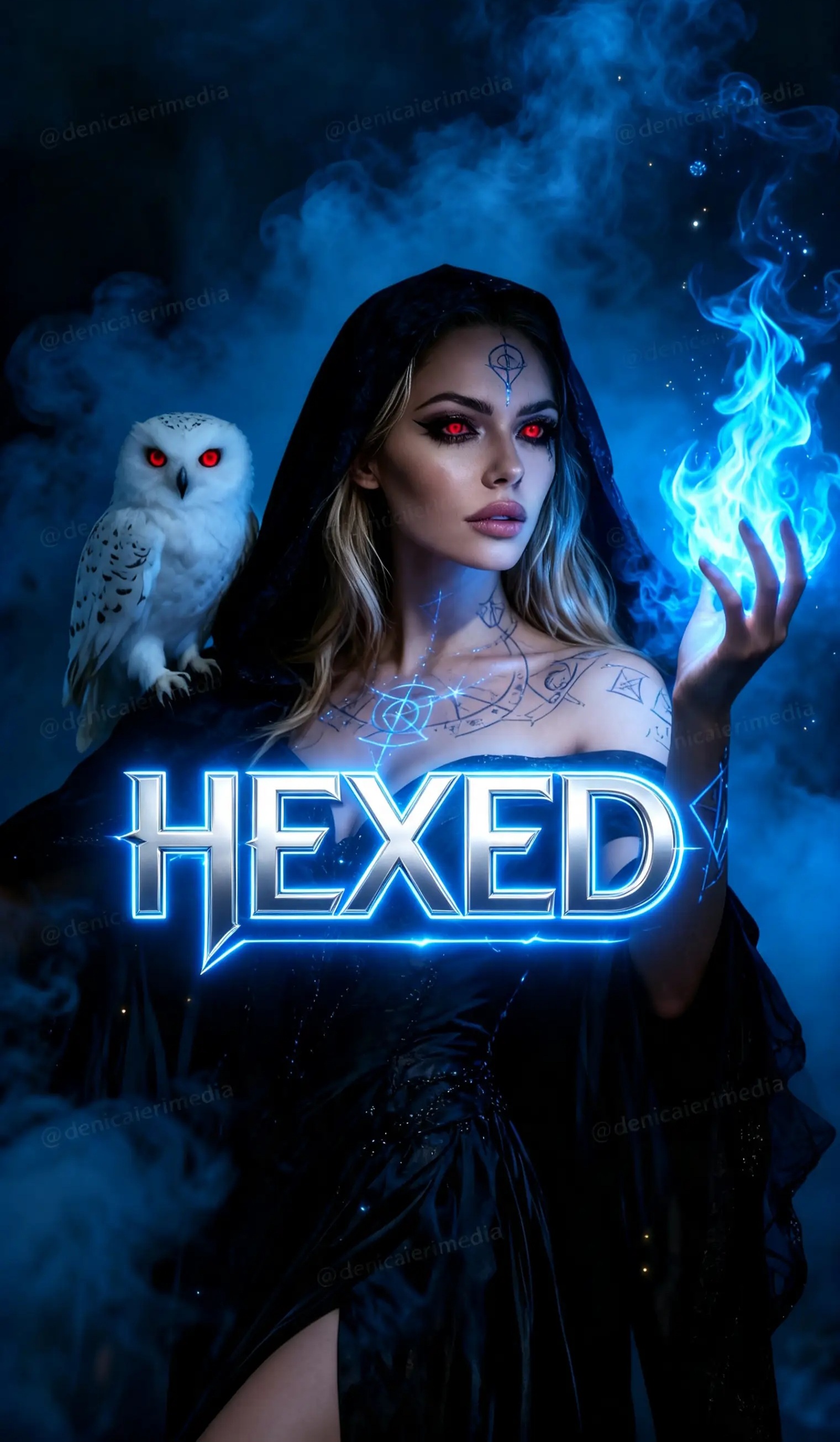 Hexed eBook - Psycho Dark Fantasy novel, witch with blue magic flame and a white owl